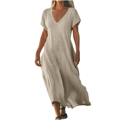 Women's Cotton Linen V-Neck Midi Dress