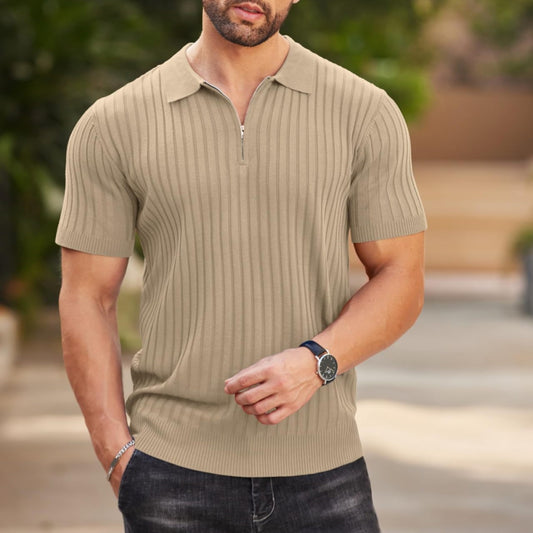 Men's Zip-Up Rib-Knit Polo Shirt | Slim Fit | S–5XL