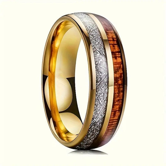 Rosewood Inlay Stainless Steel Ring | Antique Gold Unisex Band Ring