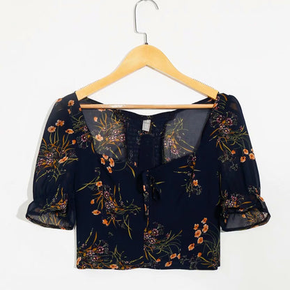 Women's Floral Puff-Sleeve Cropped Top | Slim-Fit 3D Print Streetwear Blouse
