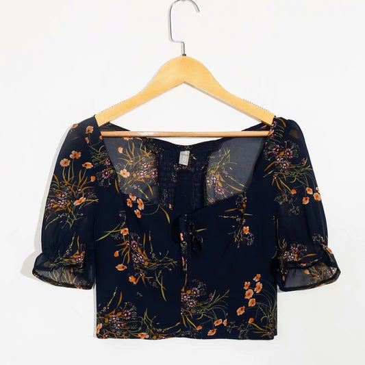 Women's Floral Puff-Sleeve Cropped Top | Slim-Fit 3D Print Streetwear Blouse