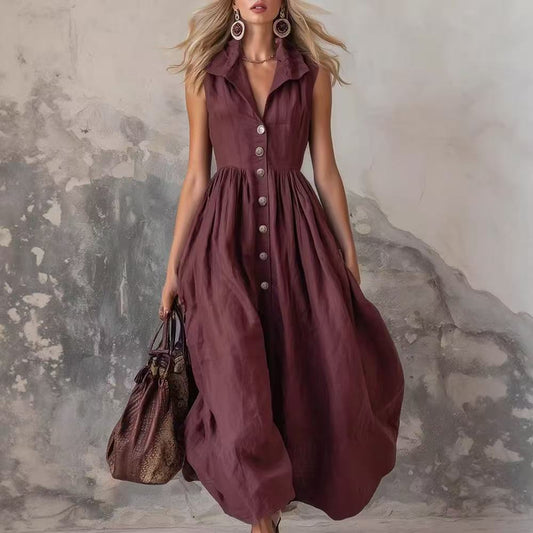 Women's Slim Fit Lapel Maxi Dress | Solid Colour