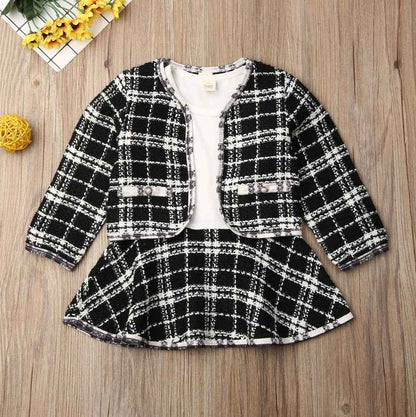 Girls Two-Piece Knit Sweater & Skirt Set – Long Sleeve Plaid Children’s Outfit