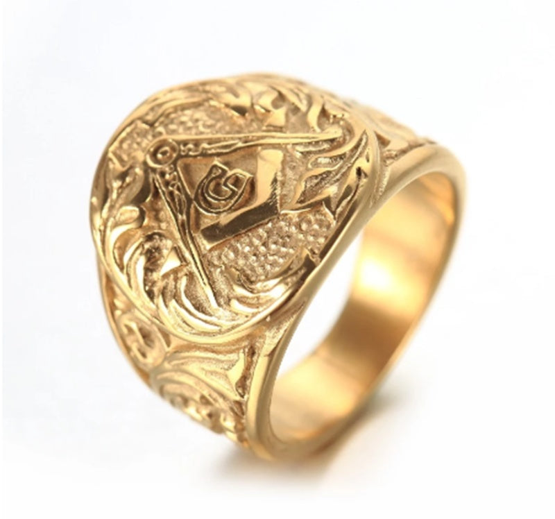 Men's Titanium Steel Vintage Masonic Ring – Electroplated Geometric Band Gold & Silver