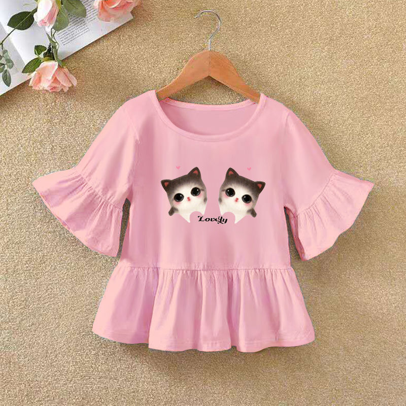 Girls Ruffle Sleeve Cartoon Print T-Shirt – Bow & Lotus Leaf Detail