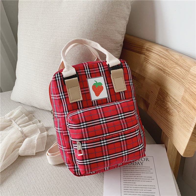 Kids' Checked Canvas Mini Backpack – Waterproof Multi-Pocket School Bag