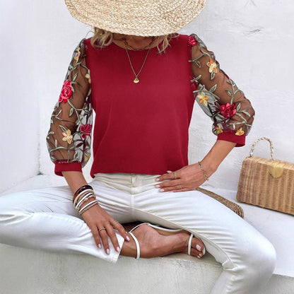 Women's Mesh Patchwork Three-Quarter Sleeve Top | Casual Commuter Polyester Shirt