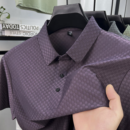 Men's Jacquard Plaid Ice Silk T-Shirt | Lapel Collar | M–4XL