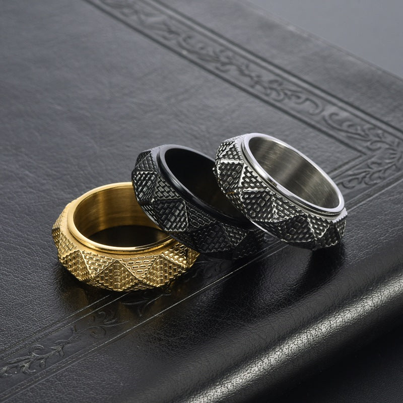 Men's Titanium Steel Pyramid Ring – Retro Geometric Silver, Gold & Black Band