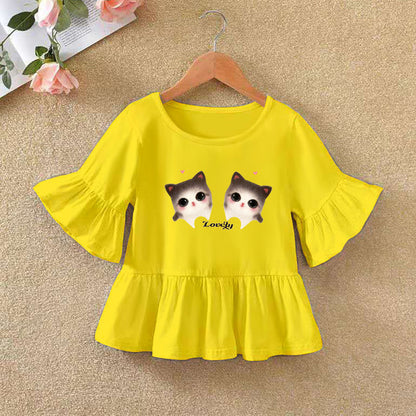 Girls Ruffle Sleeve Cartoon Print T-Shirt – Bow & Lotus Leaf Detail