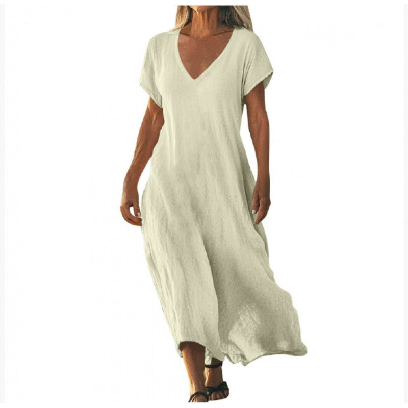 Women's Cotton Linen V-Neck Midi Dress