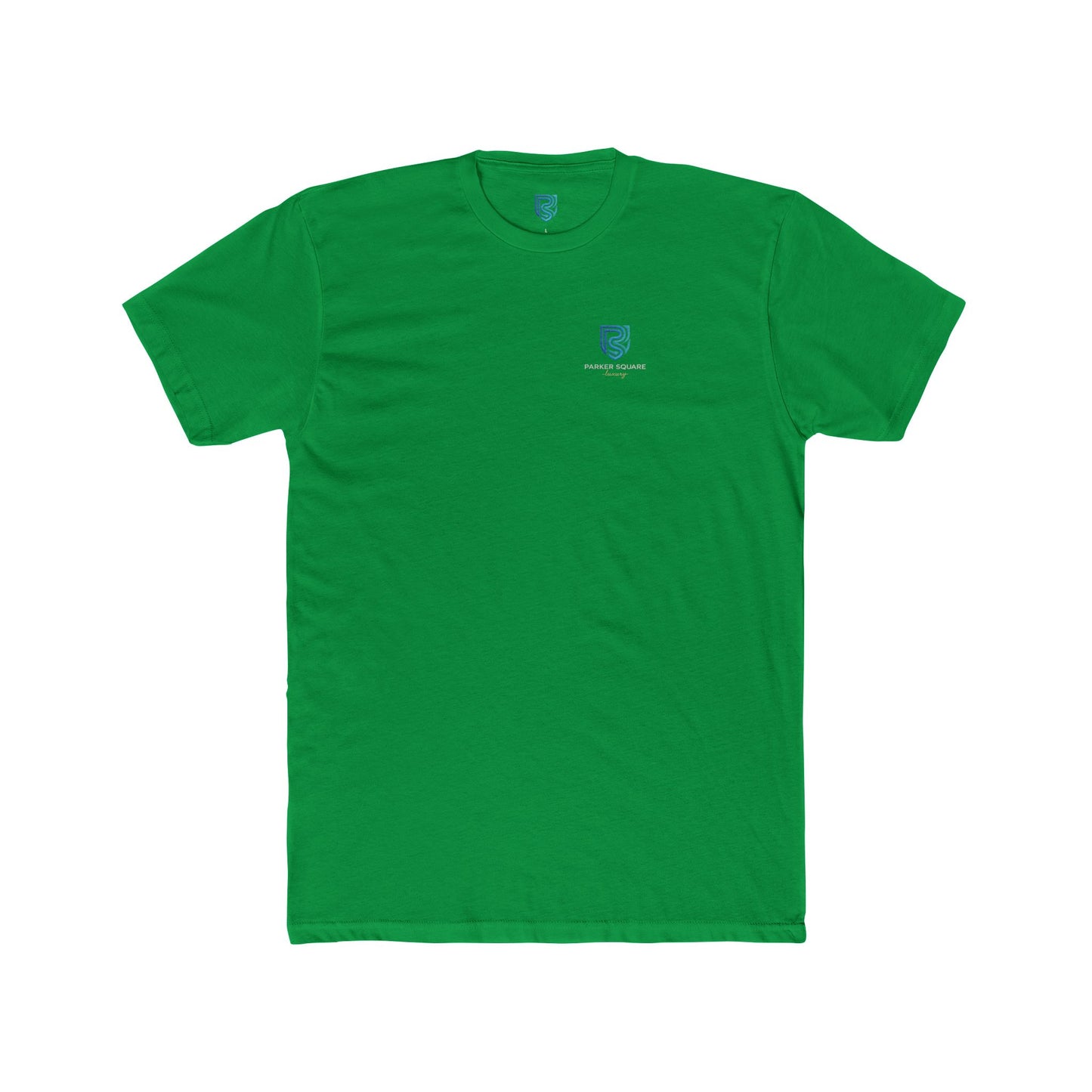 Green t-shirt with a small logo on a white background