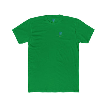 Green t-shirt with a small logo on a white background