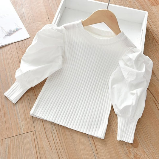 Girls Cotton Puff Sleeve Long Sleeve Top | White & Black, 90–140cm