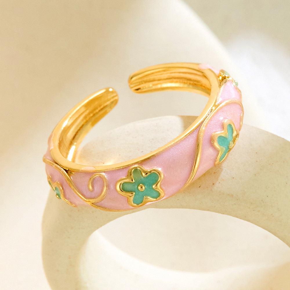 Vintage Floral Diamond-Encrusted Adjustable Ring | Copper Open Ring in 6 Styles