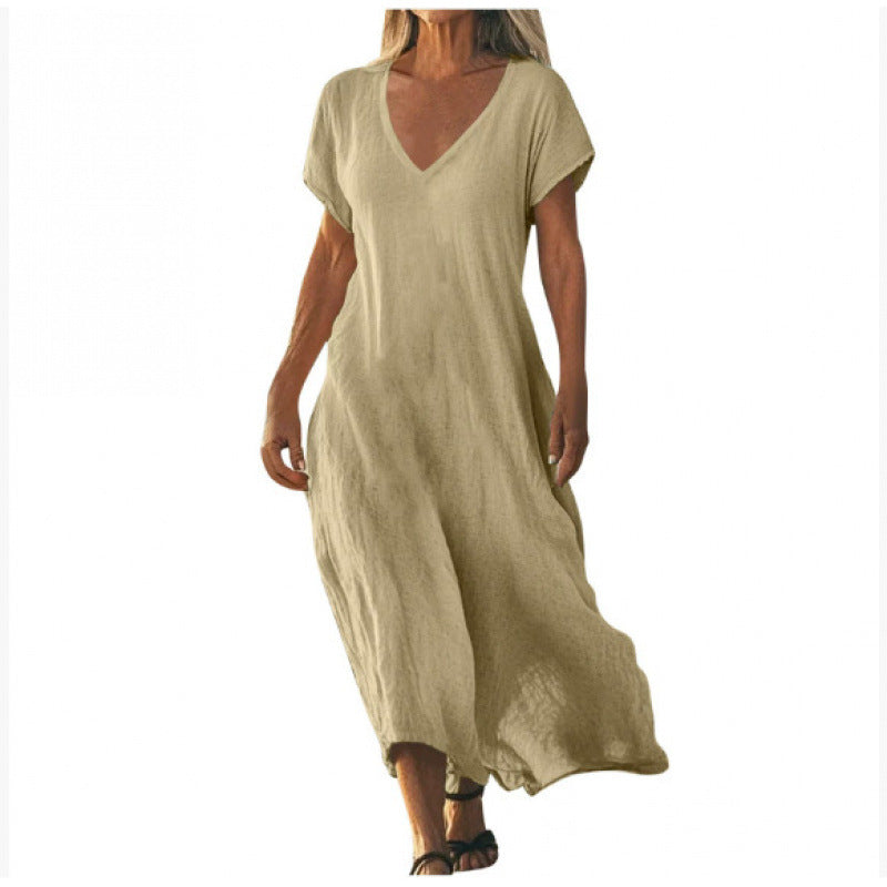 Women's Cotton Linen V-Neck Midi Dress
