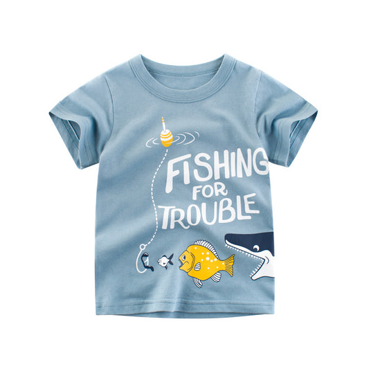 Children's Short Sleeve Cartoon Print T-Shirt Blue | Ages 2-9