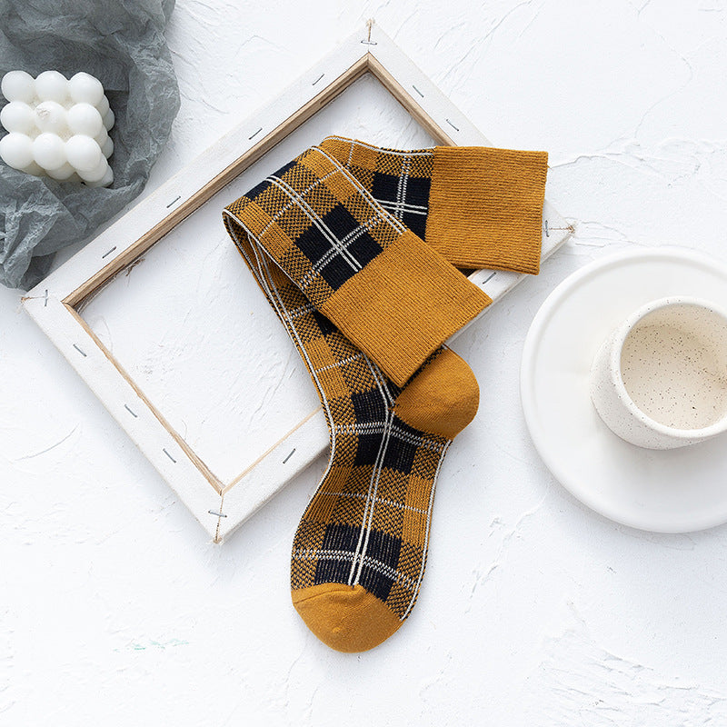 Women's Cotton Plaid Check Knee-High Socks – Korean Style Calf Socks