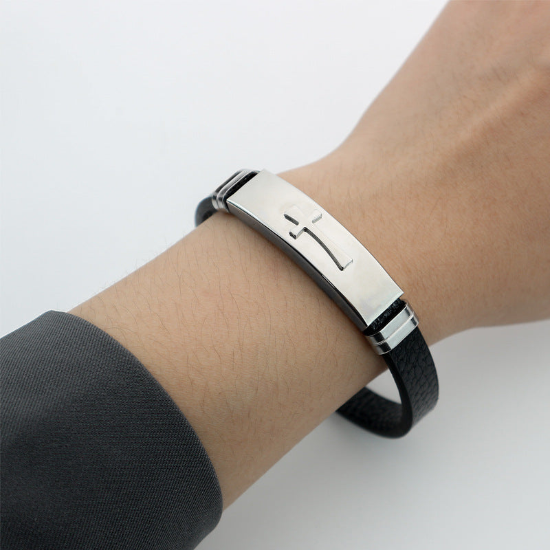 Men's Stainless Steel Cross Bracelet – Silver Geometric Bangle