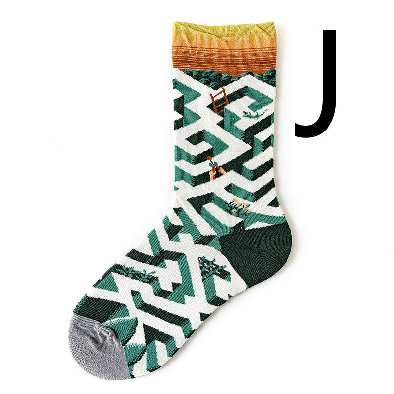 Men's Jacquard Cotton Retro Socks – Novelty Patterned One-Size Socks 19 Designs