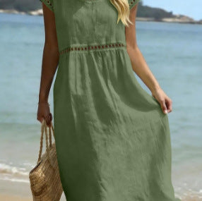 Women's Cotton-Linen A-Line Dress with Embroidered Lace Trim