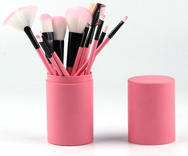 12-Piece Makeup Brush Set with Barrel Box – Rayon Bristles, 8 Colours