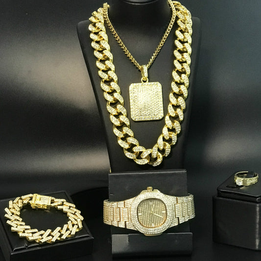 Men's Cuban Chain Necklace Set with Pendant