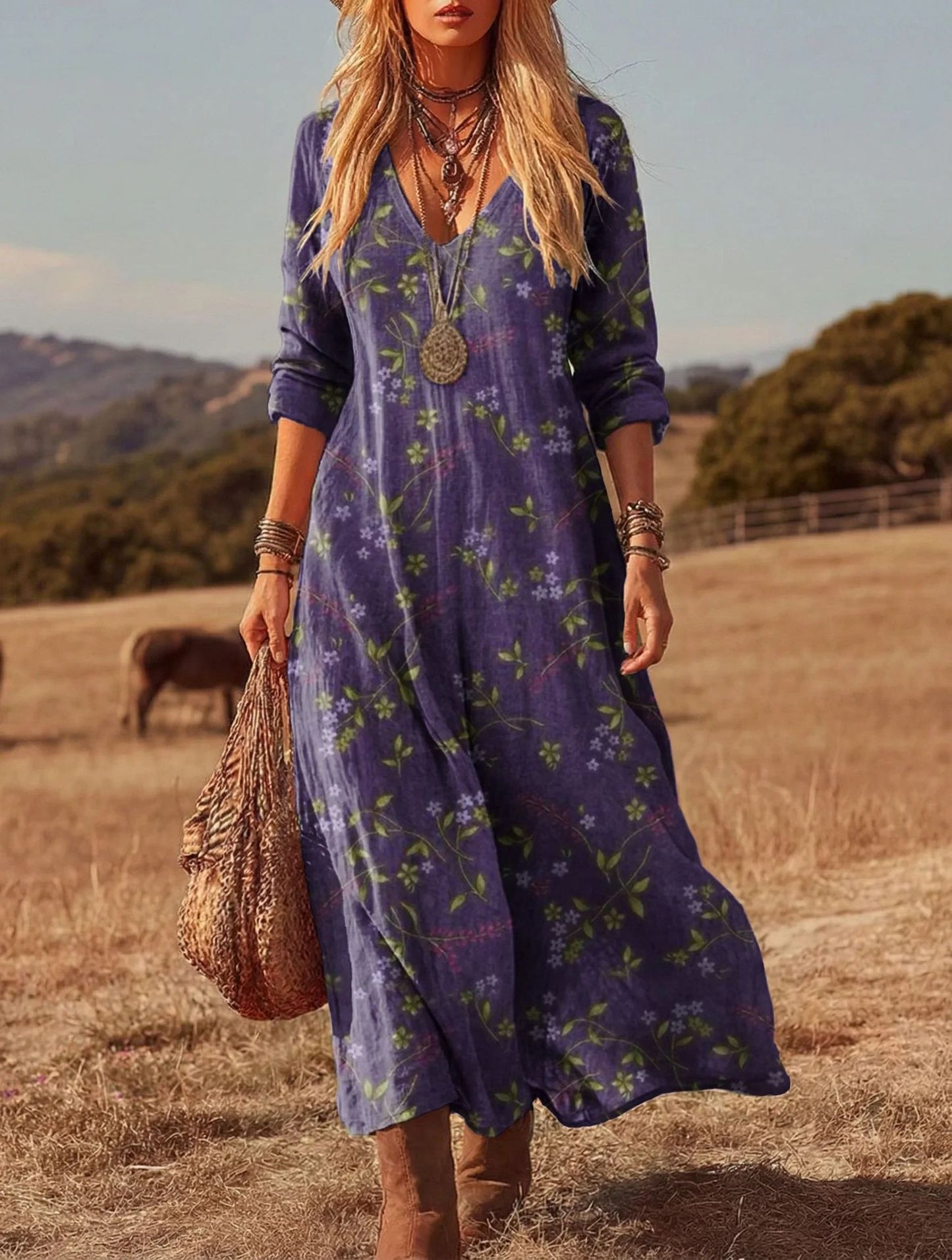 Women's 3D Print V-Neck Long Sleeve A-Line Dress