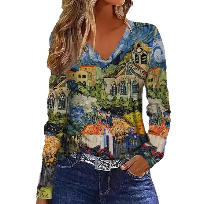 Women's Geometric Print V-Neck Long-Sleeve Top