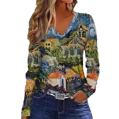 Women's Geometric Print V-Neck Long-Sleeve Top