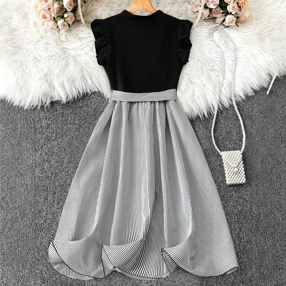 Women's V-Neck High-Waist Patchwork Sleeveless Dress — Black & White