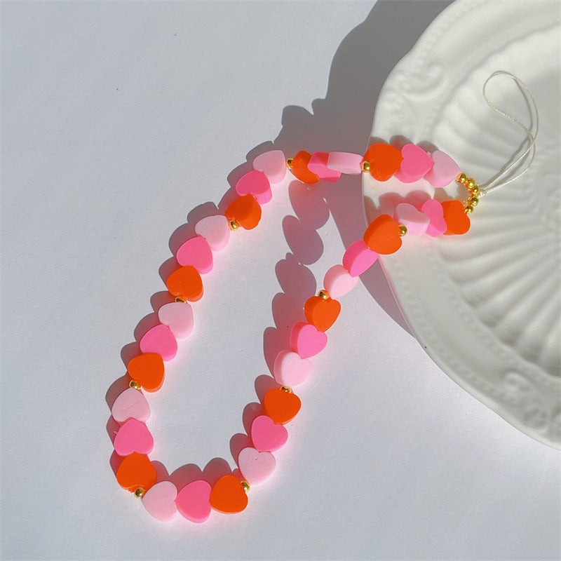 Polymer Clay Heart Phone Lanyard | Gradient Love Heart Charm | Pink