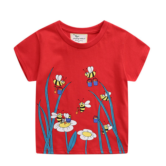 Girls Cartoon Embroidered Short Sleeve T-Shirt – Red