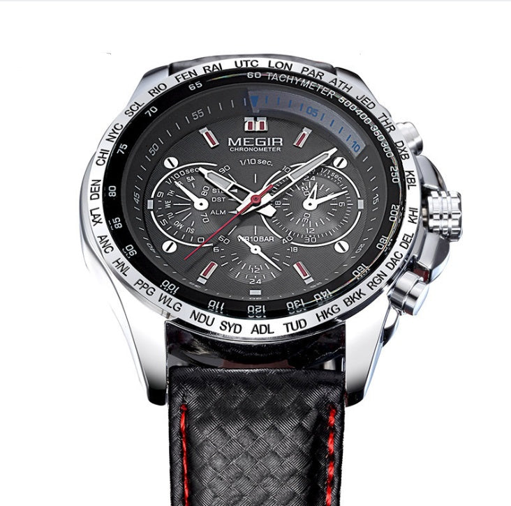 Men's Leather Strap Quartz Watch | 43mm, 3 ATM Water Resistant