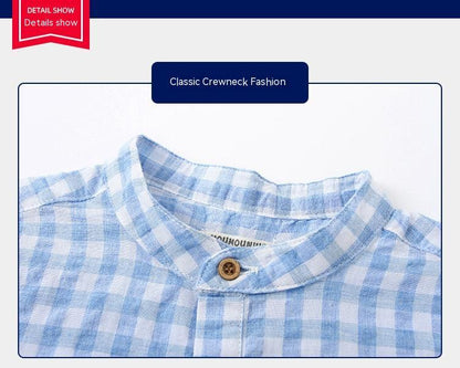 Boys' Cotton Plaid Short Sleeve Shirt | Blue & Grey Check
