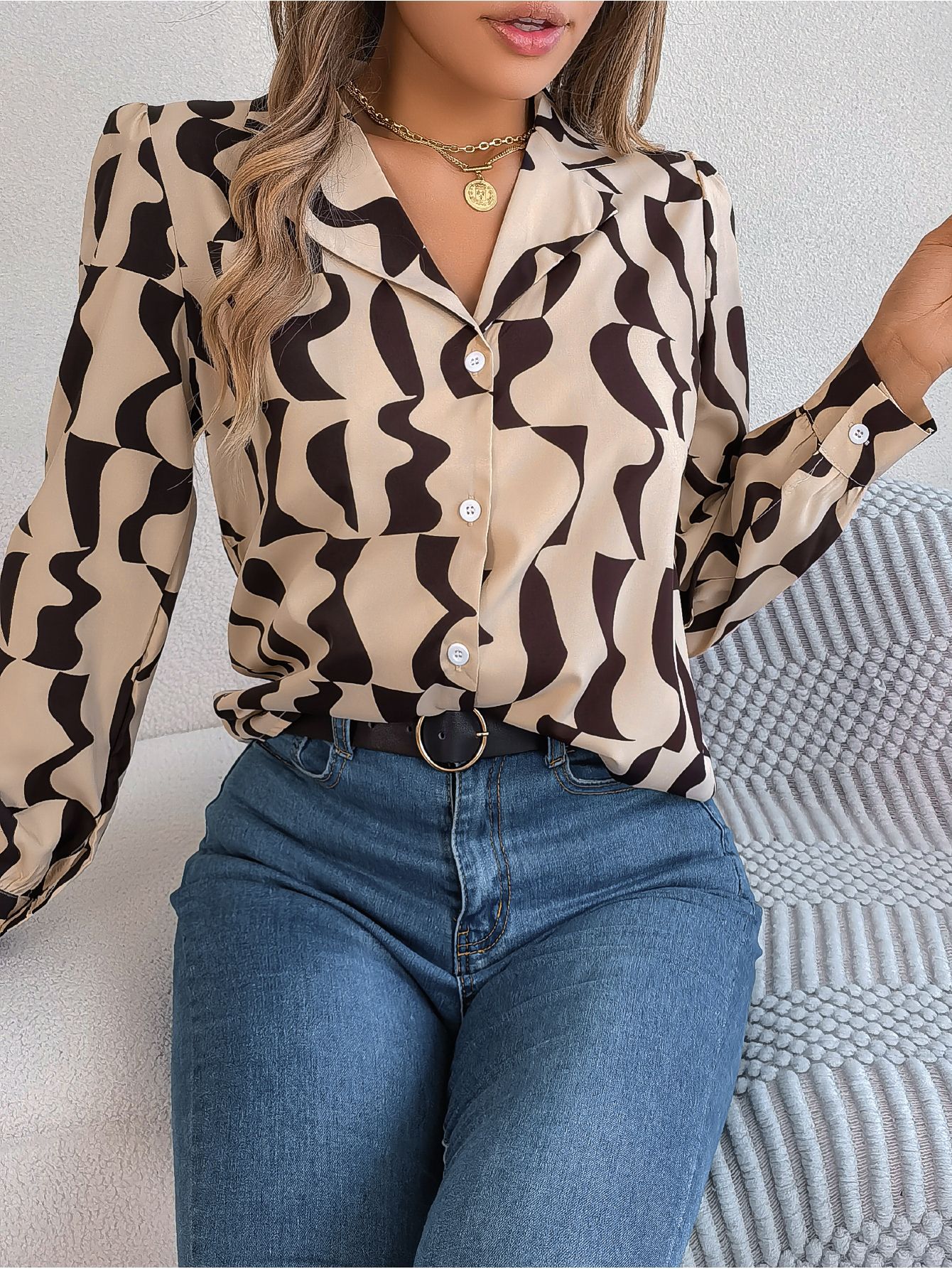 Women's Colour Block Long Sleeve Shirt | Notched Lapel