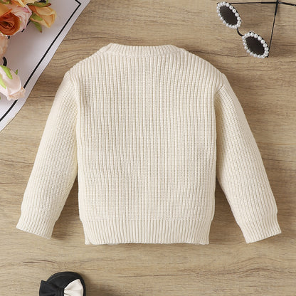 Baby Letter Embroidered Pullover Sweater | White & Brown | Age 0-24 Months