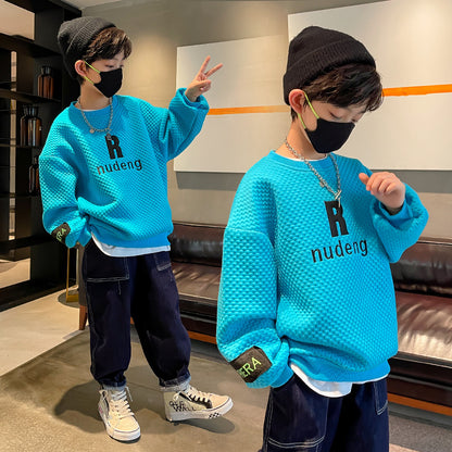 Boys Letter Print Waffle Pullover Sweatshirt | Long Sleeve Kids Top