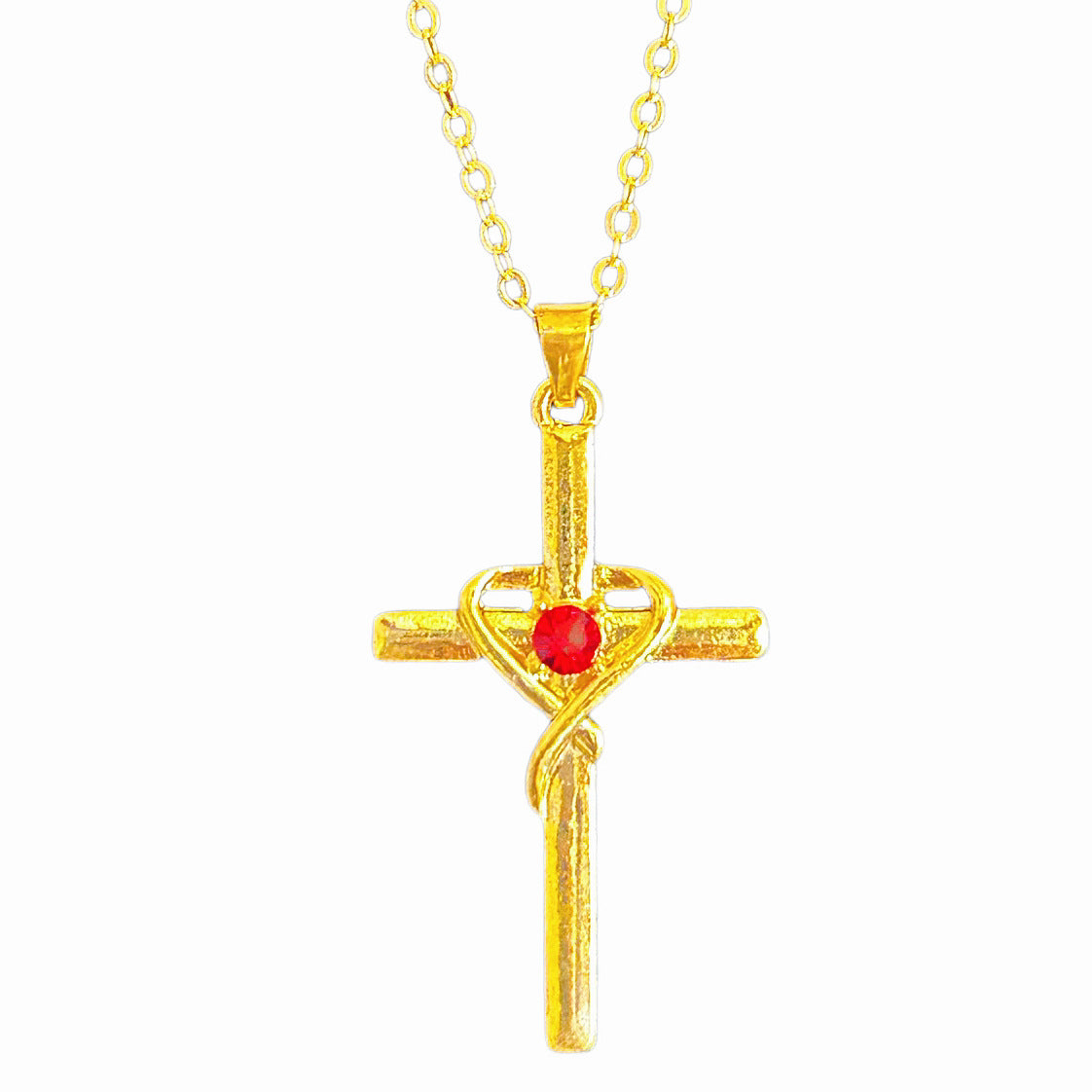 Heart Cross Crystal Pendant Necklace | Electroplated Alloy O-Link Chain for Women