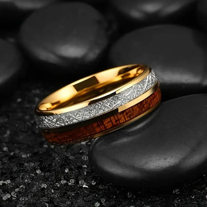 Rosewood Inlay Stainless Steel Ring | Antique Gold Unisex Band Ring