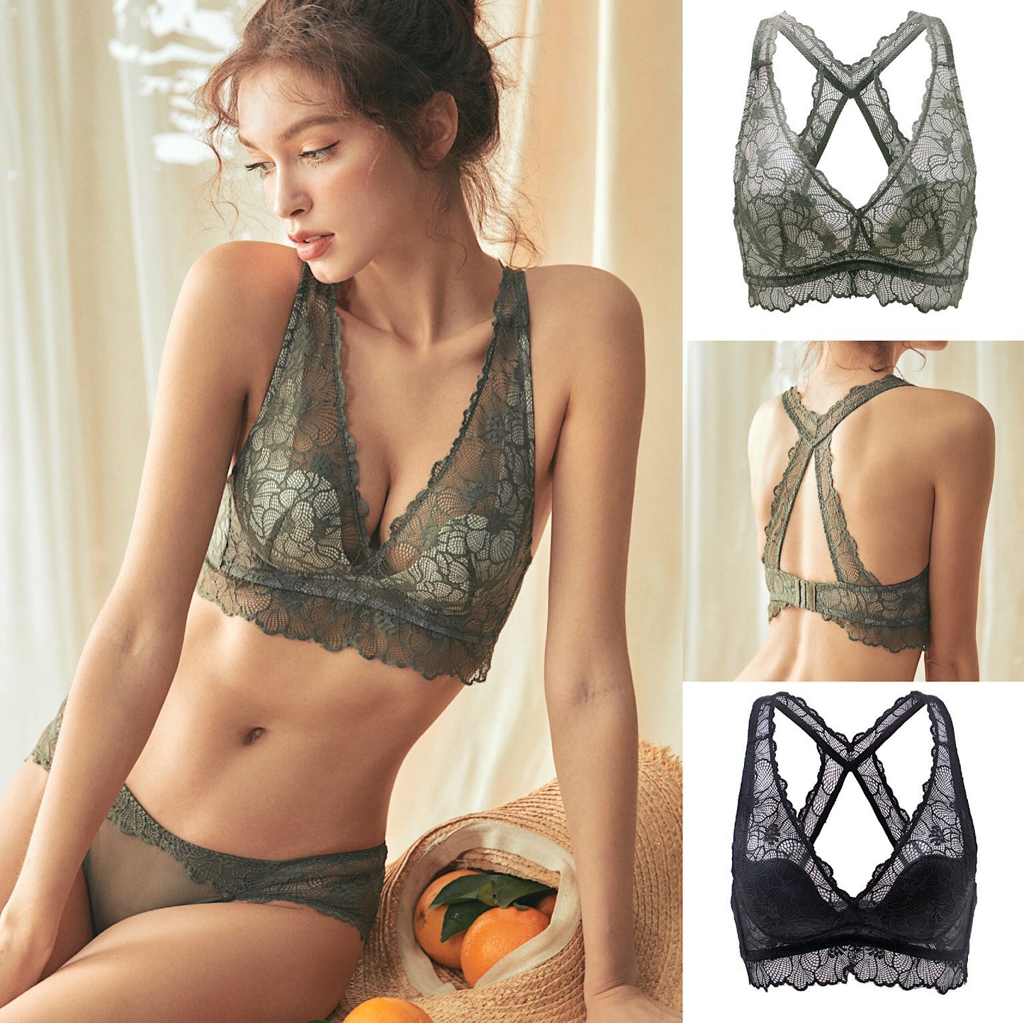 Women's 3/4 Cup Lace Bra Set | Soft Back Lace Edge Lingerie