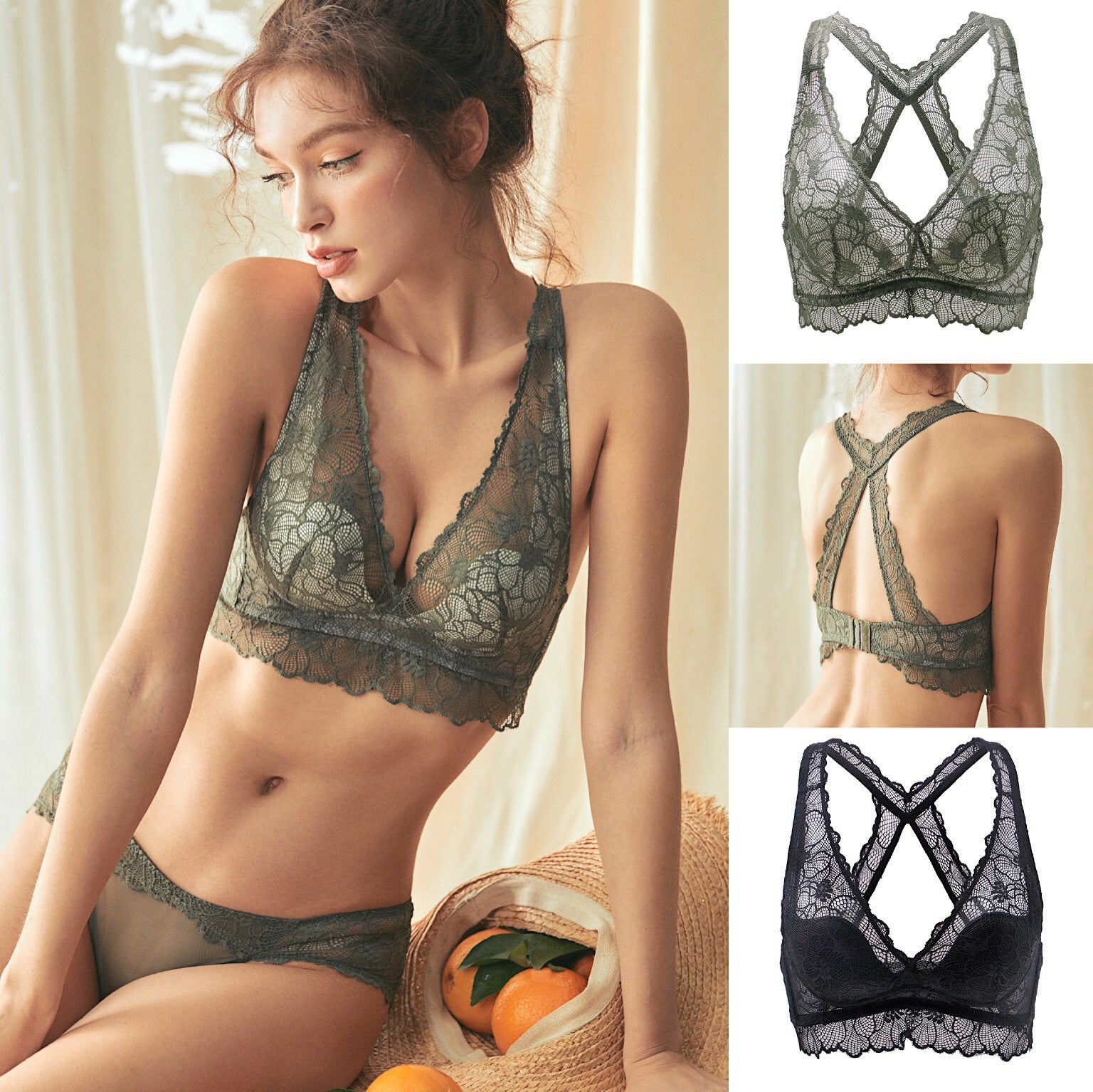 Women's 3/4 Cup Lace Bra Set | Soft Back Lace Edge Lingerie