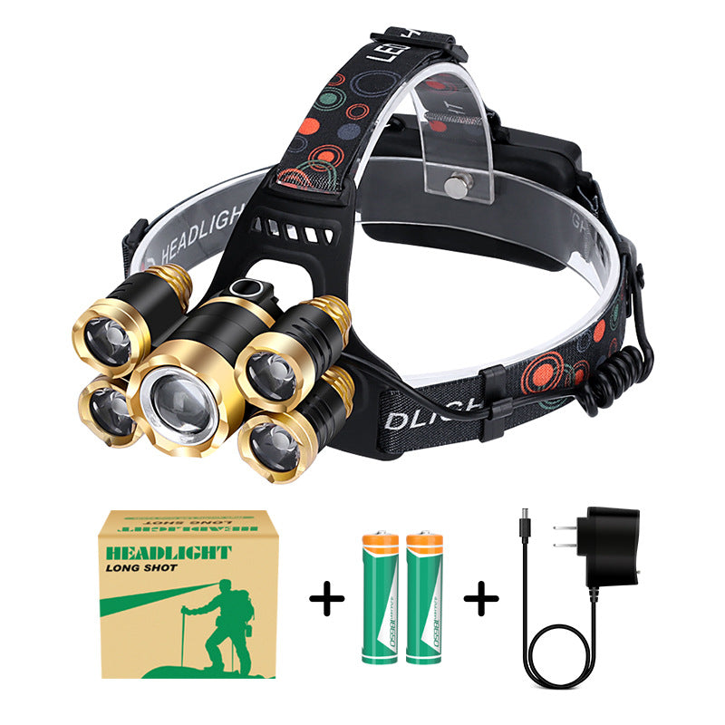 30W 2,200lm 5-Head LED Headlamp & Torch – IPX45 Waterproof Camping Search Light Gold Silver Red