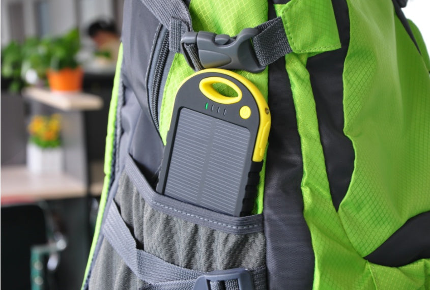Rugged Solar Power Bank with Carabiner – IPX4 Waterproof LED Torch Blue Black Yellow Green