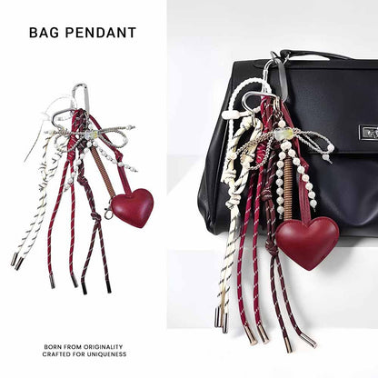 Leather Heart & Pearl Bow Keychain | Wine Red