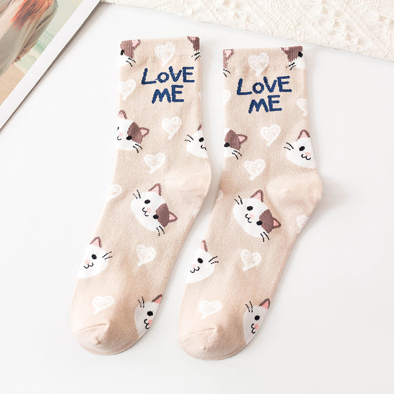 Women’s College Style Jacquard Socks – Stripe & Kitty Print