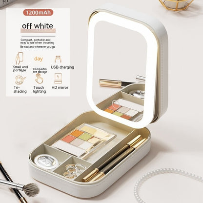 LED Makeup Mirror with Storage Box — Touch Dimmer, Adjustable Stand & Lipstick Organiser