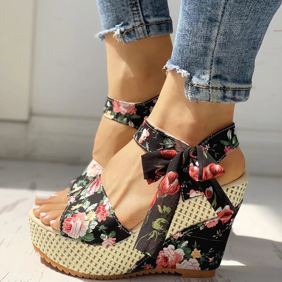 Women's Floral Print Wedge Sandals | Ribbon Tie | EU 35–40