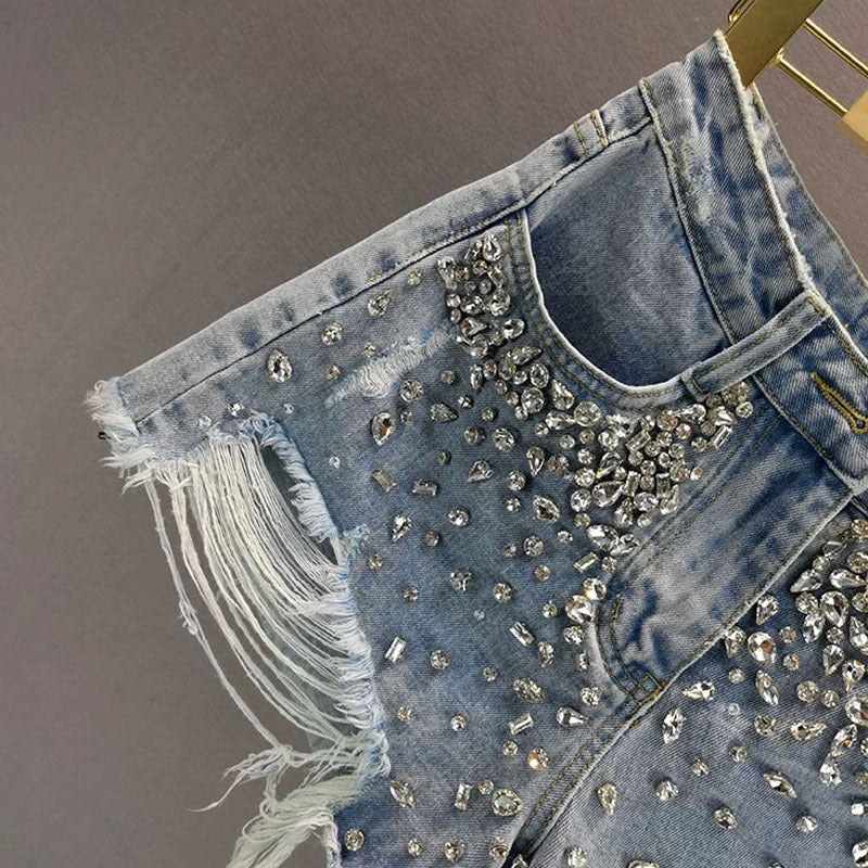 Women's Wide-Leg Denim Shorts | Distressed Cut-Out | Blue
