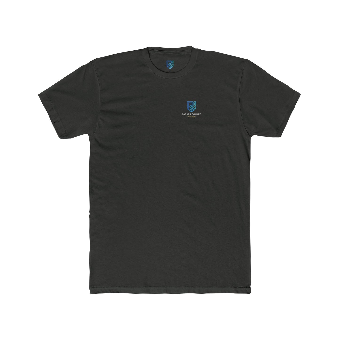 Black t-shirt with a small logo on a white background